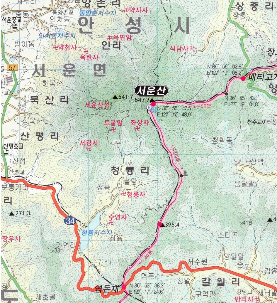 안성 서운산 등산 지도