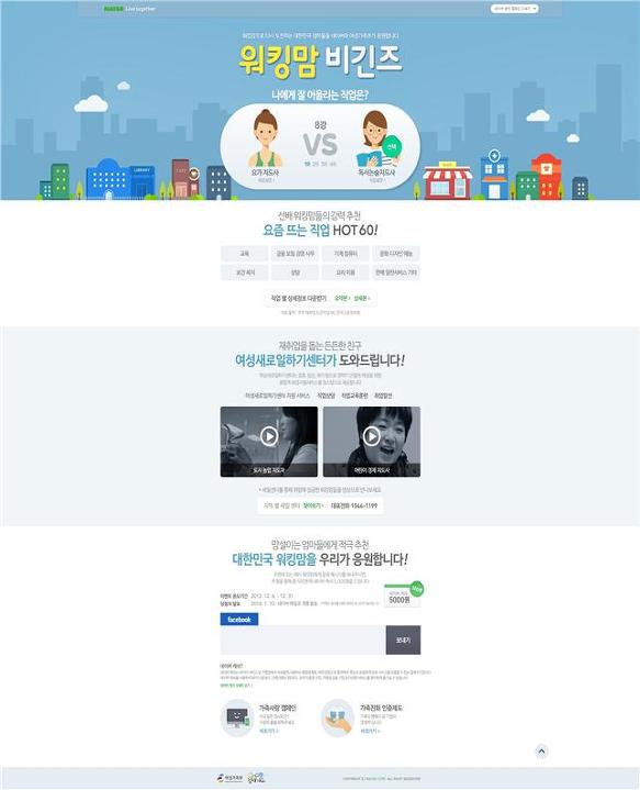 포털사이트 ‘네이버’ 서비스 내에 ′워킹맘 비긴즈′특별페이지(http://campaign.naver.com/livetogether05/)를 개설하여 진행하는 것으로 네이버 메인 화면 우측 하단의 공익캠페인 배너(“워킹맘으로의 재도전! 새일센터가 도와드립니다” )를 클릭하면 특별페이지로 연결된다. 